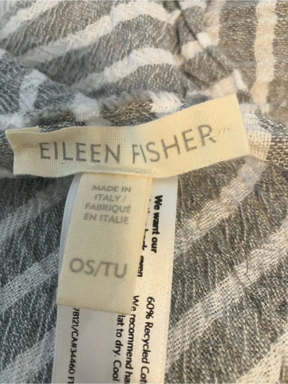 Eileen Fisher Italy Long Scarf Wrap Gray White Stripe Recycled Cotton Gauze